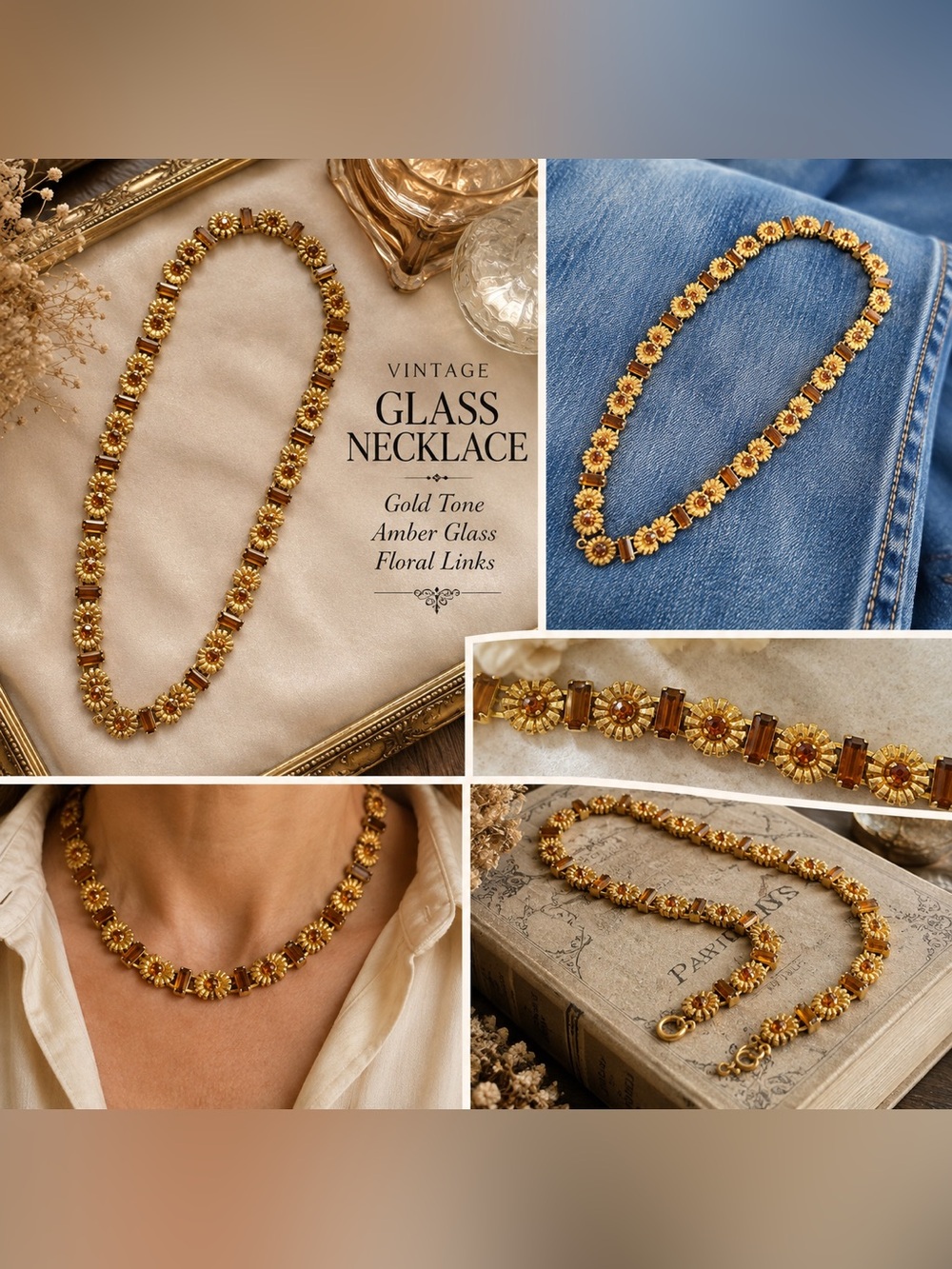 Vintage Gold-Tone Amber Glass Floral Link Necklace